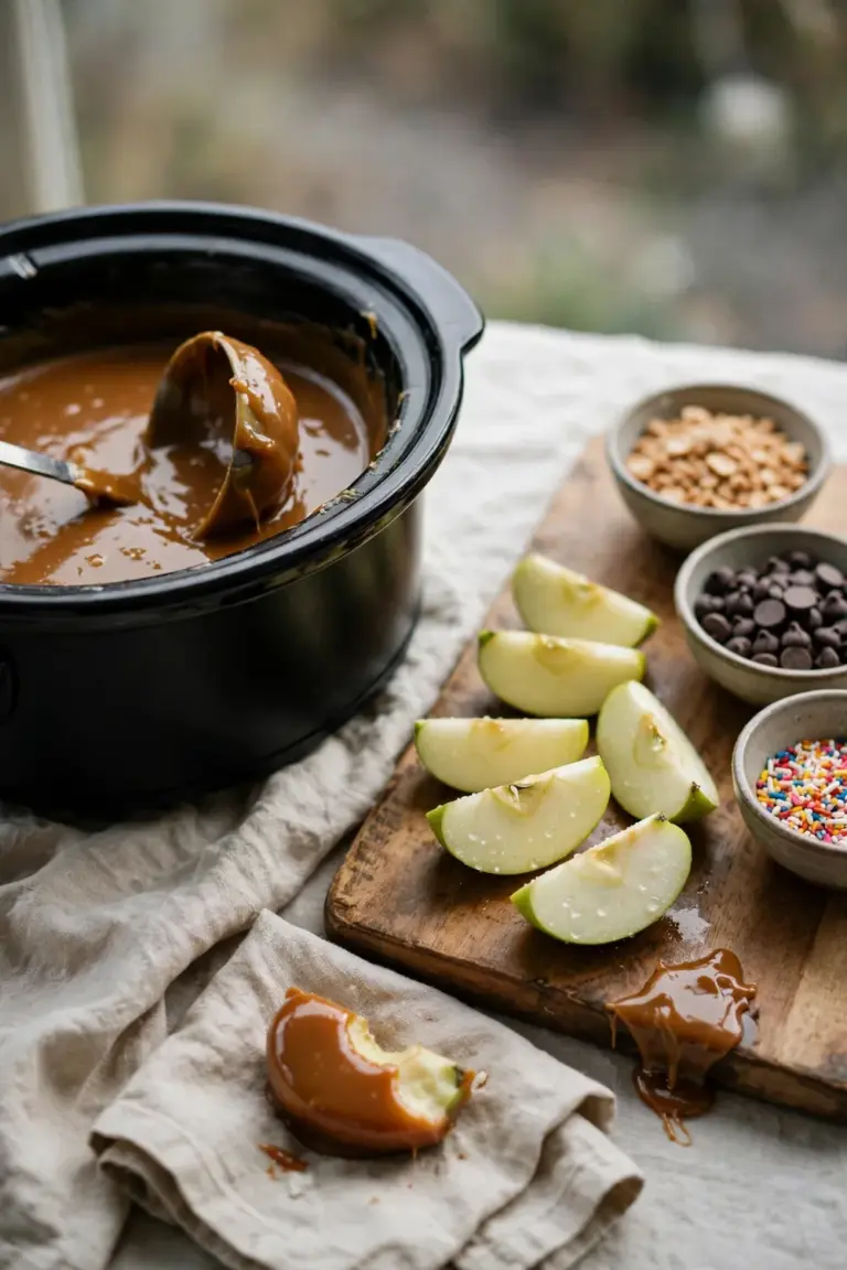 Slow cooker of warm caramel with apple wedges and bowls of toppings on a party table