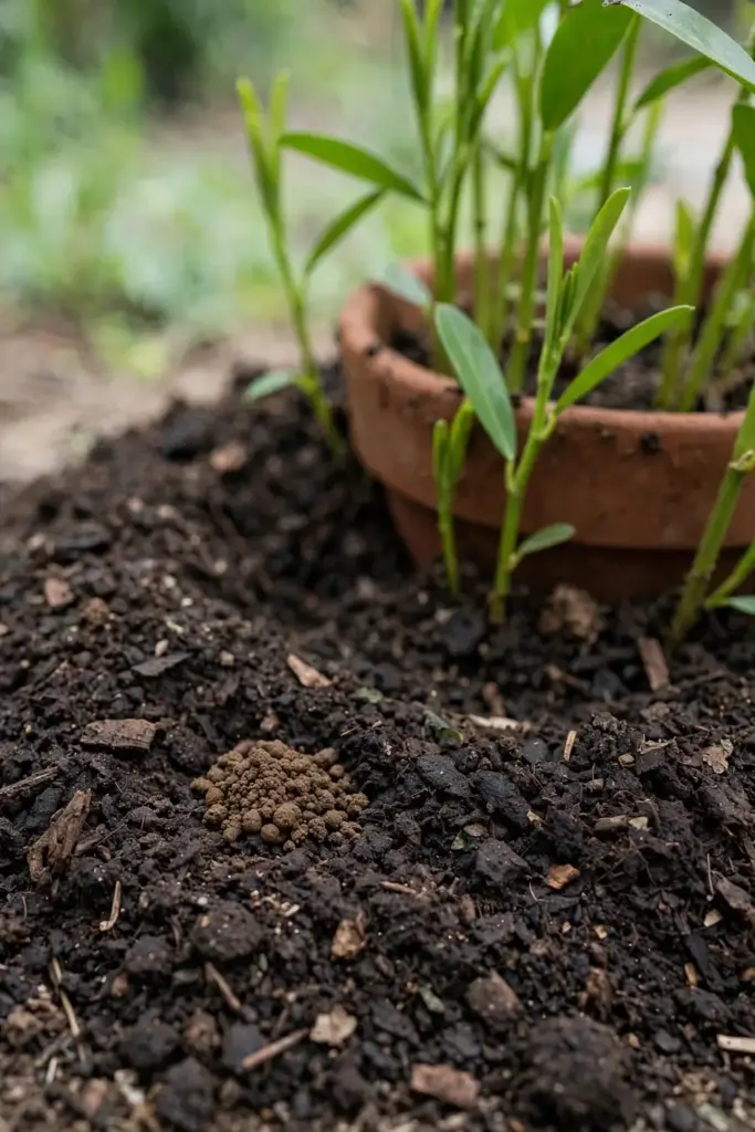 Compost top dressing ringed around a cardamom plant base