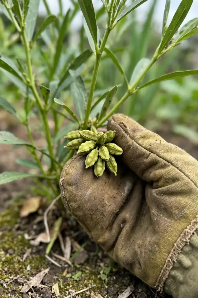 Hand holding green cardamom pods at the base of the plant