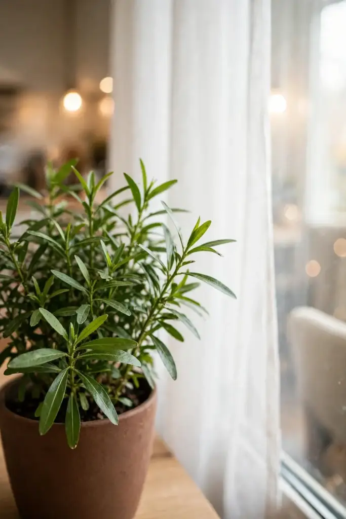 Potted cardamom moved indoors beside a bright window