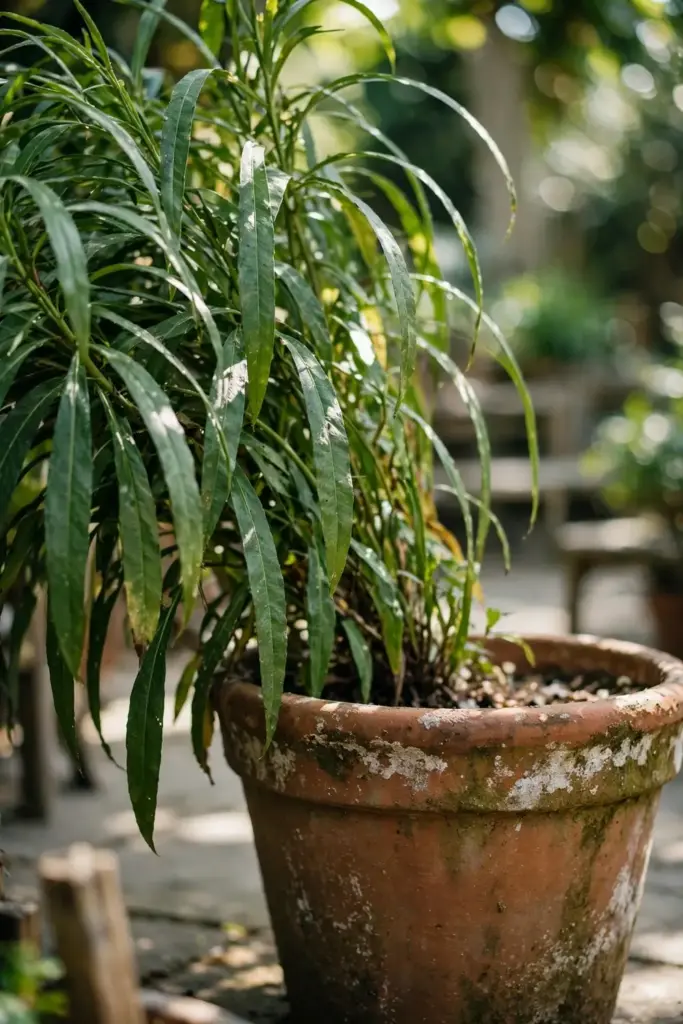 Cardamom plant in a large terracotta pot on a patio