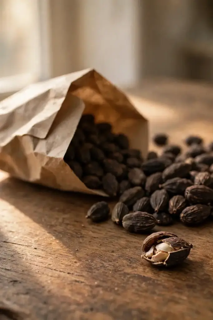 Dark cardamom seeds spilling from a plain paper envelope
