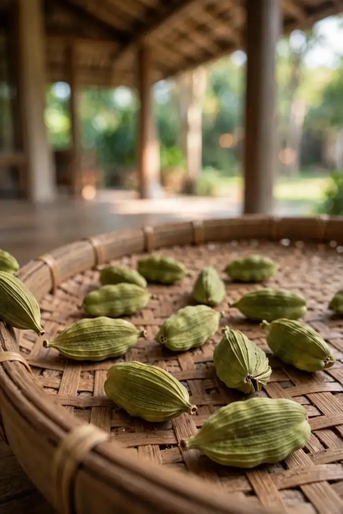 Green cardamom pods spread on a woven tray for drying