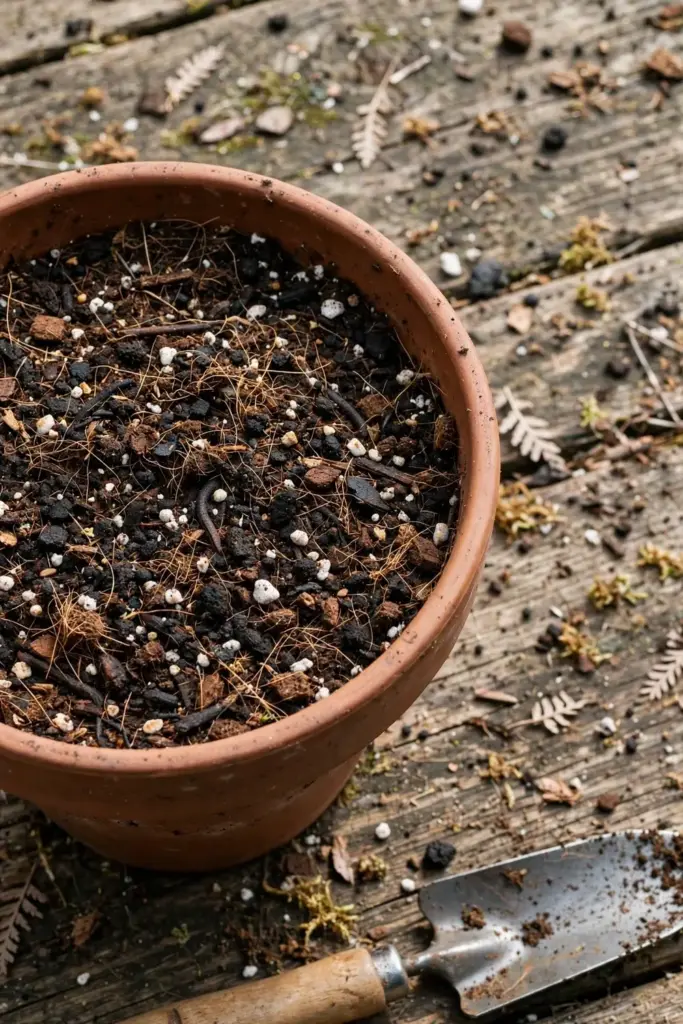 Rainforest potting mix components blended in a terracotta pot