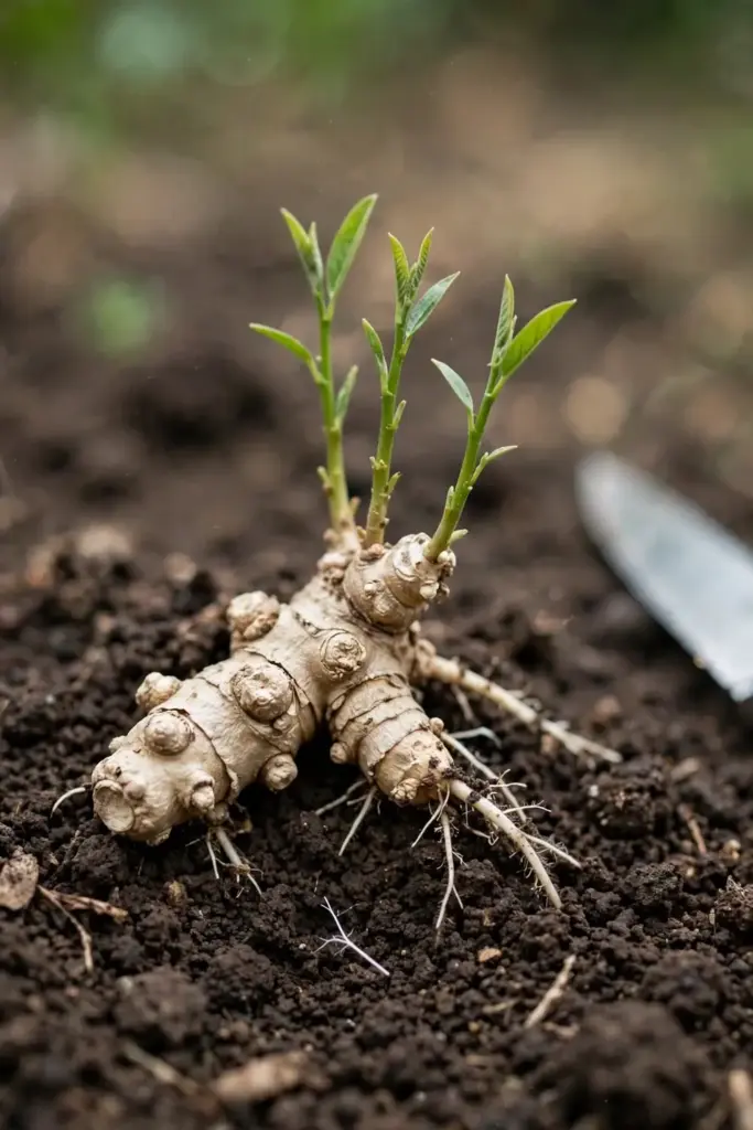 Cardamom rhizome division with shoots and roots on dark soil