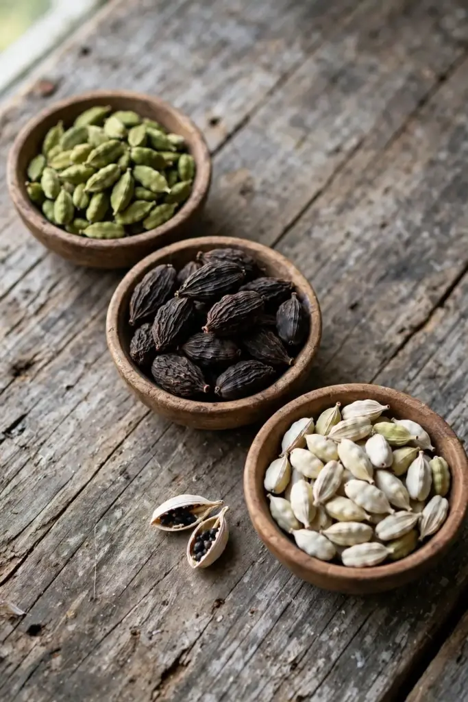 Green, black, and white cardamom pods compared side by side