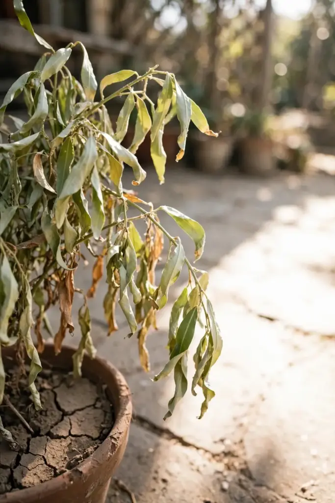 Stressed cardamom plant with pale leaves in a dry pot