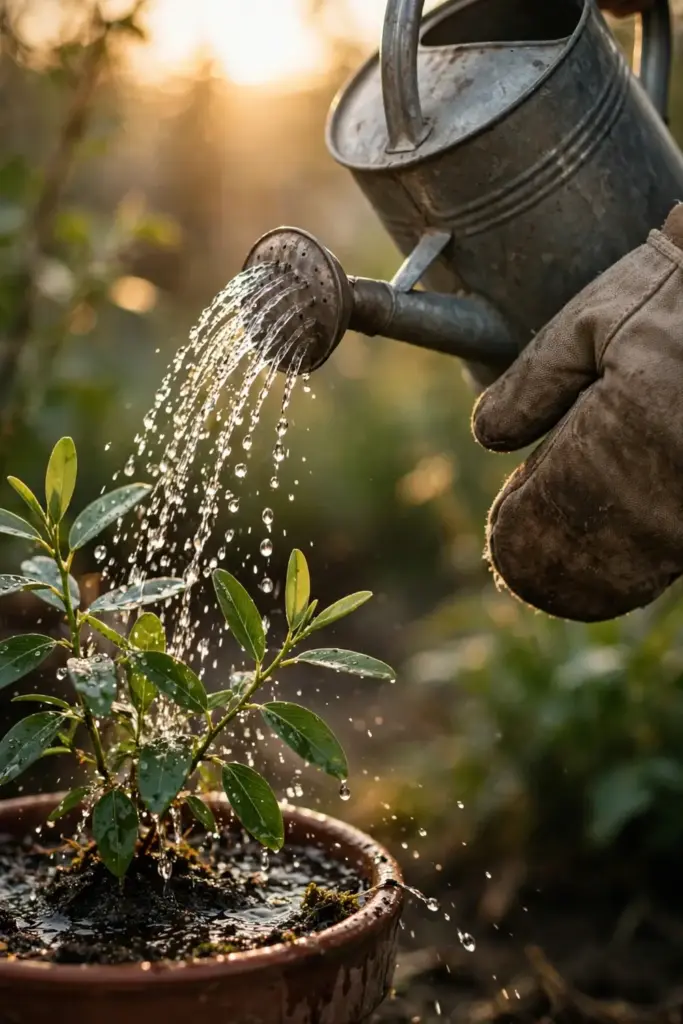 Watering a potted cardamom plant with a watering can