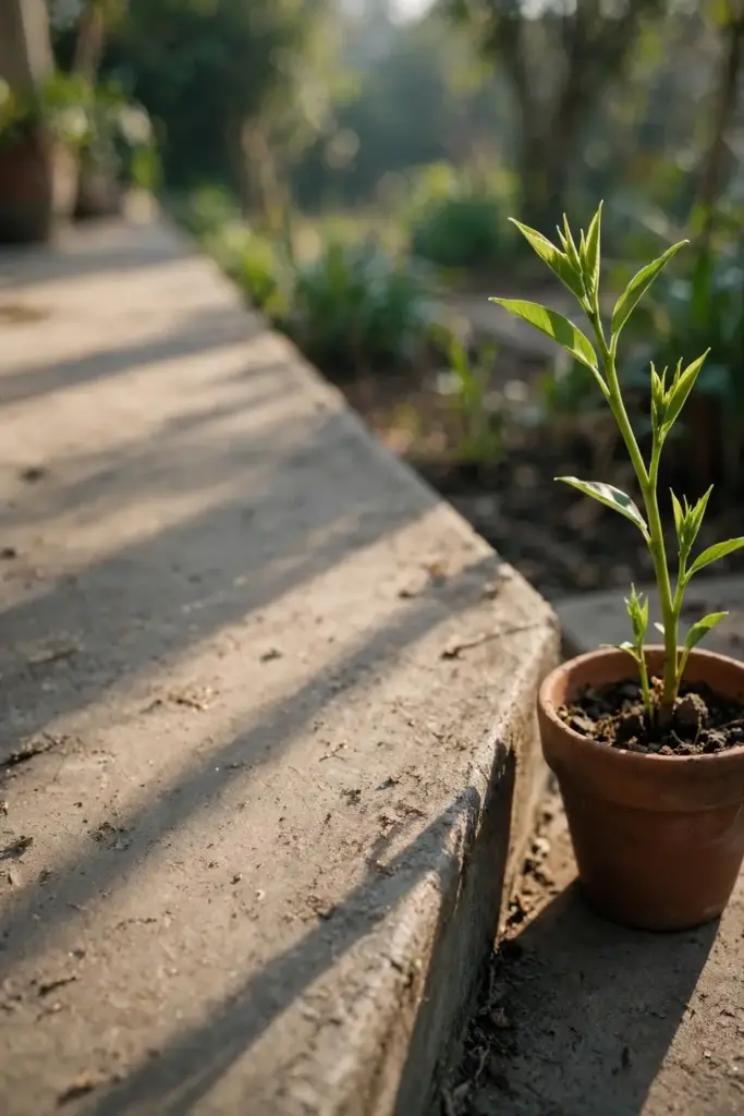 Young cardamom plant in a pot on a sunny patio step