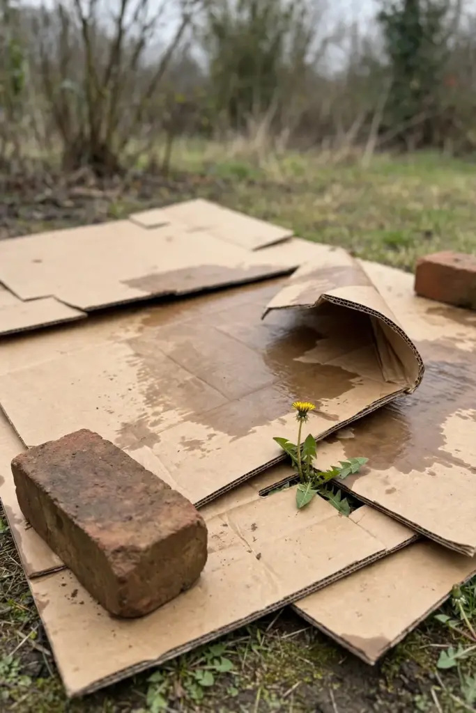 Cardboard sheets smothering lawn for a new bed, bricks on the corners