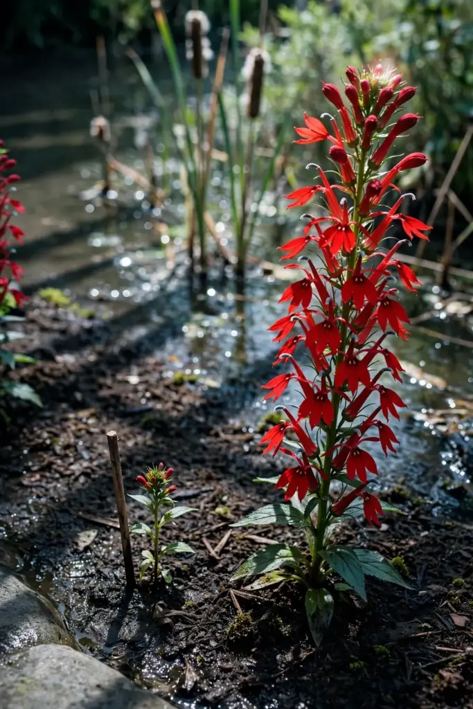 Scarlet cardinal flower spikes blooming at a pond edge in moist soil