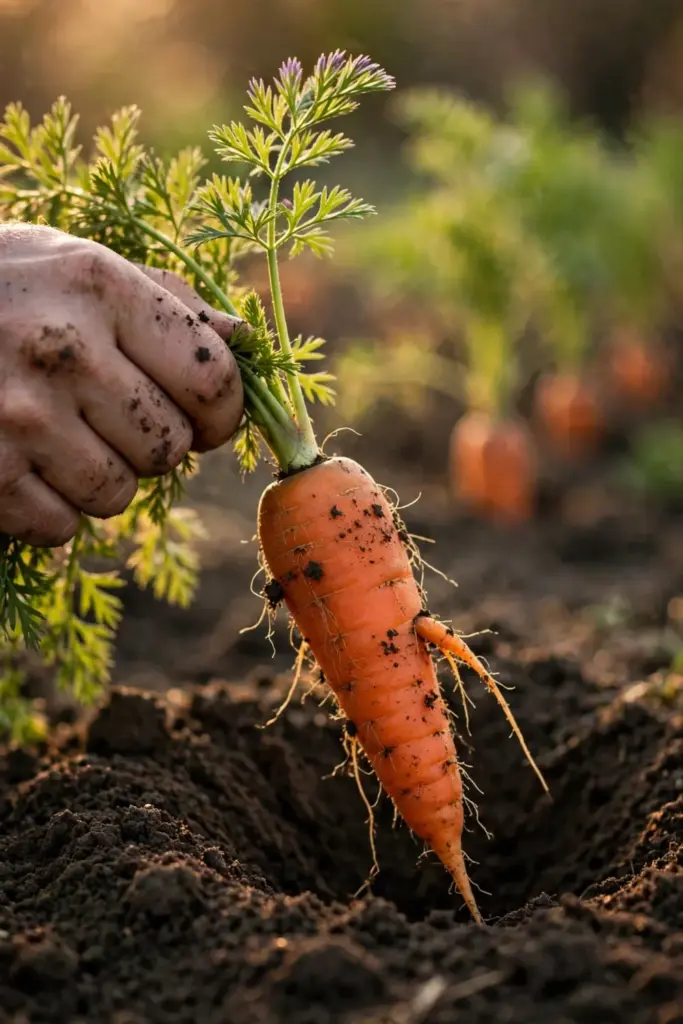 A hand pulling a sweet orange carrot from loose dark soil