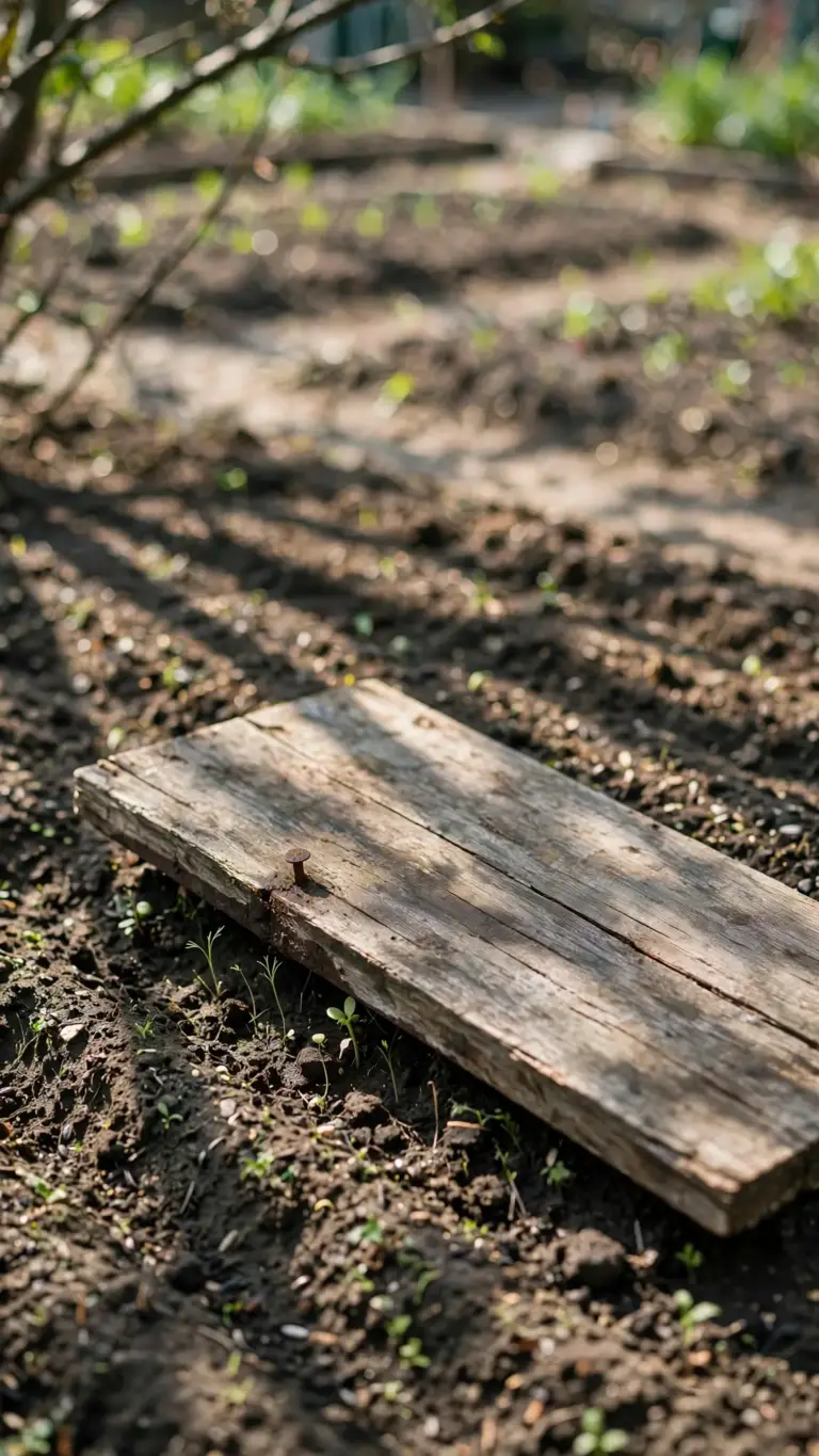 Carrot seedbed with a wooden board laid over the row to hold moisture