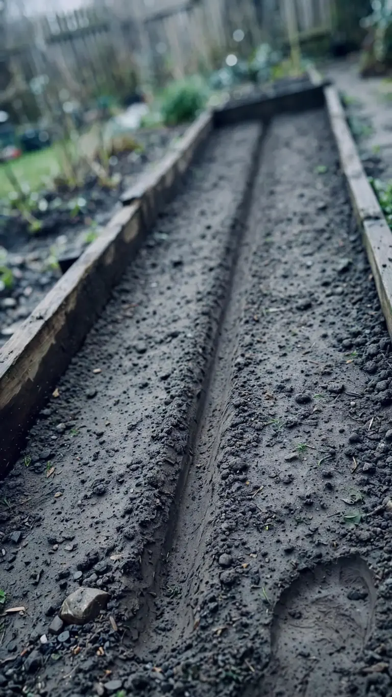 Long carrot seedbed with dark damp soil and fine tilth