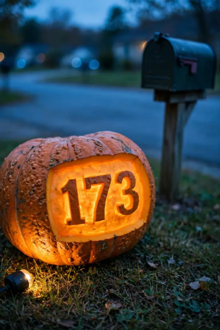 Pumpkin carved with glowing house numbers beside a mailbox at dusk
