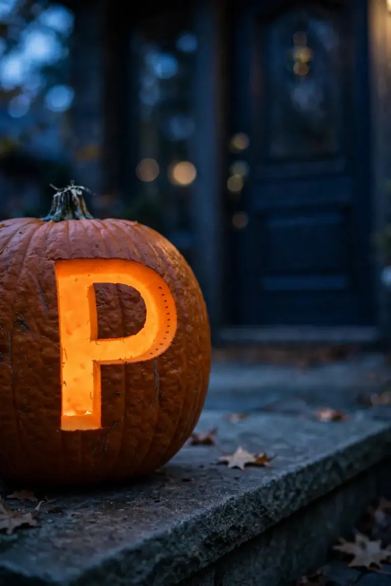 Pumpkin carved with a single bold letter P glowing in clean bright lines beside a front door