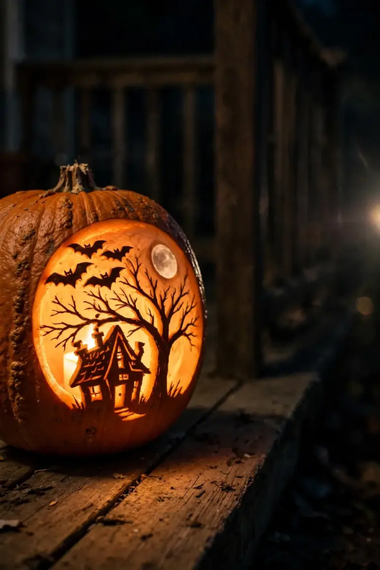 Carved pumpkin glowing with a moonlit scene of bats, a bare tree and a crooked house