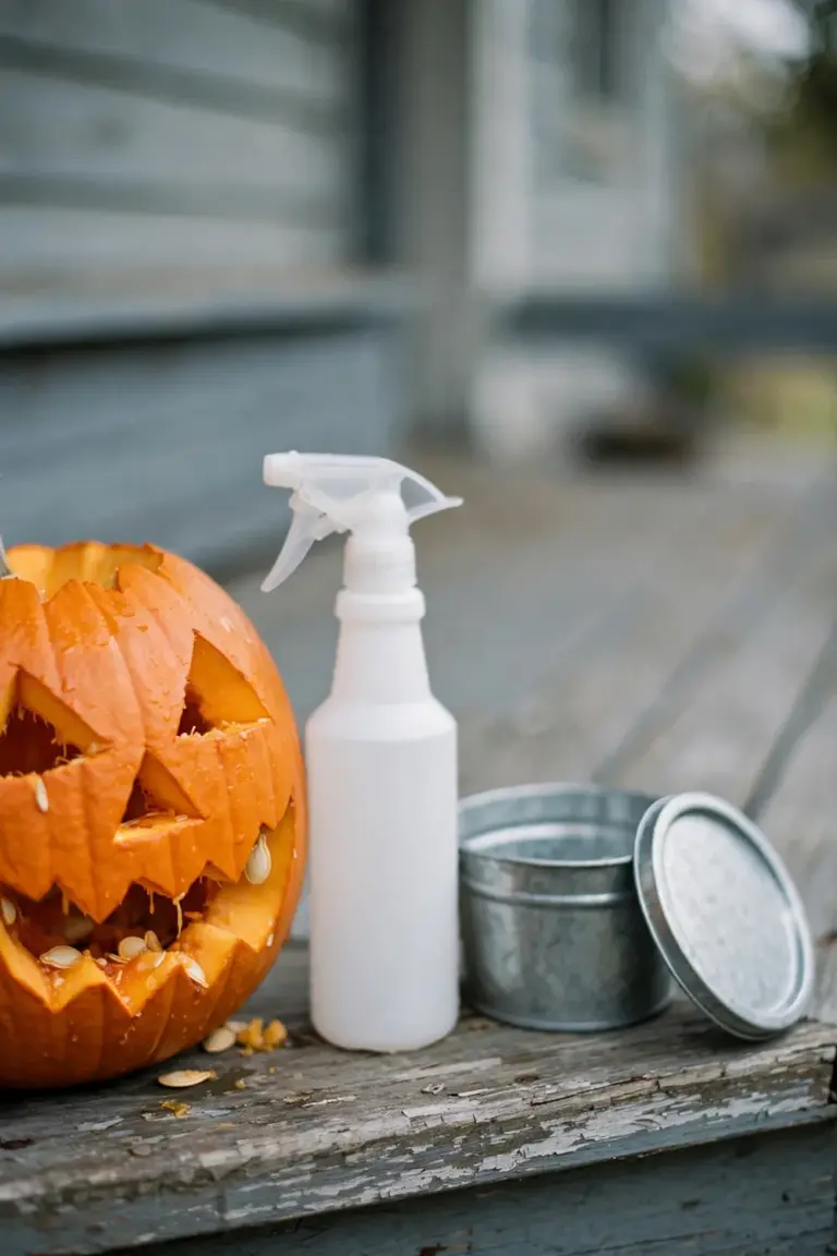 Carved pumpkin beside a plain unlabelled spray bottle and tub on a porch bench