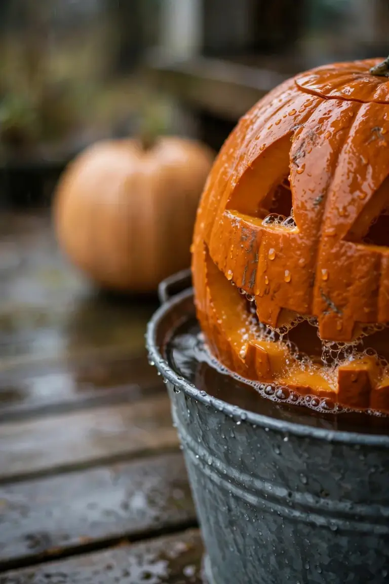 Carved pumpkin soaking cut side down in a bucket of vinegar water
