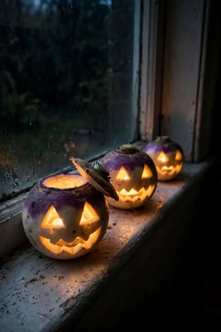 Three small carved turnip lanterns with triangle eyes glowing from tea lights on a windowsill