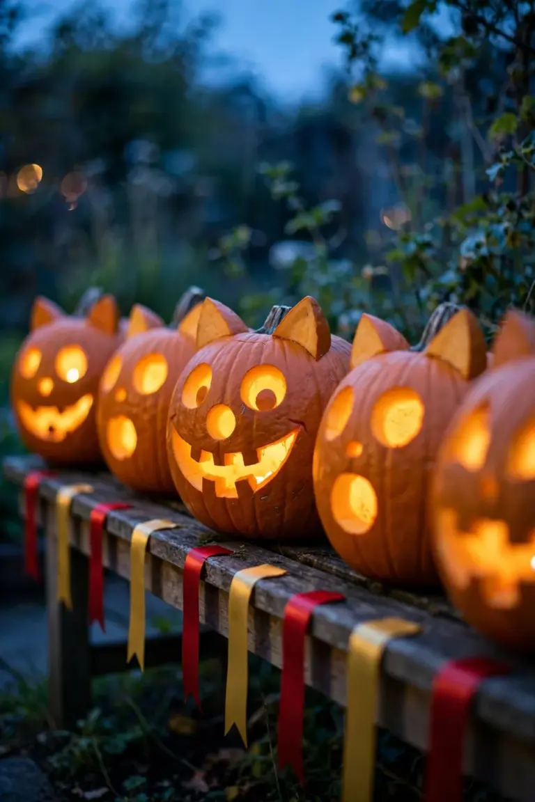 Row of carved pumpkins on a garden bench with plain blank award ribbons below them