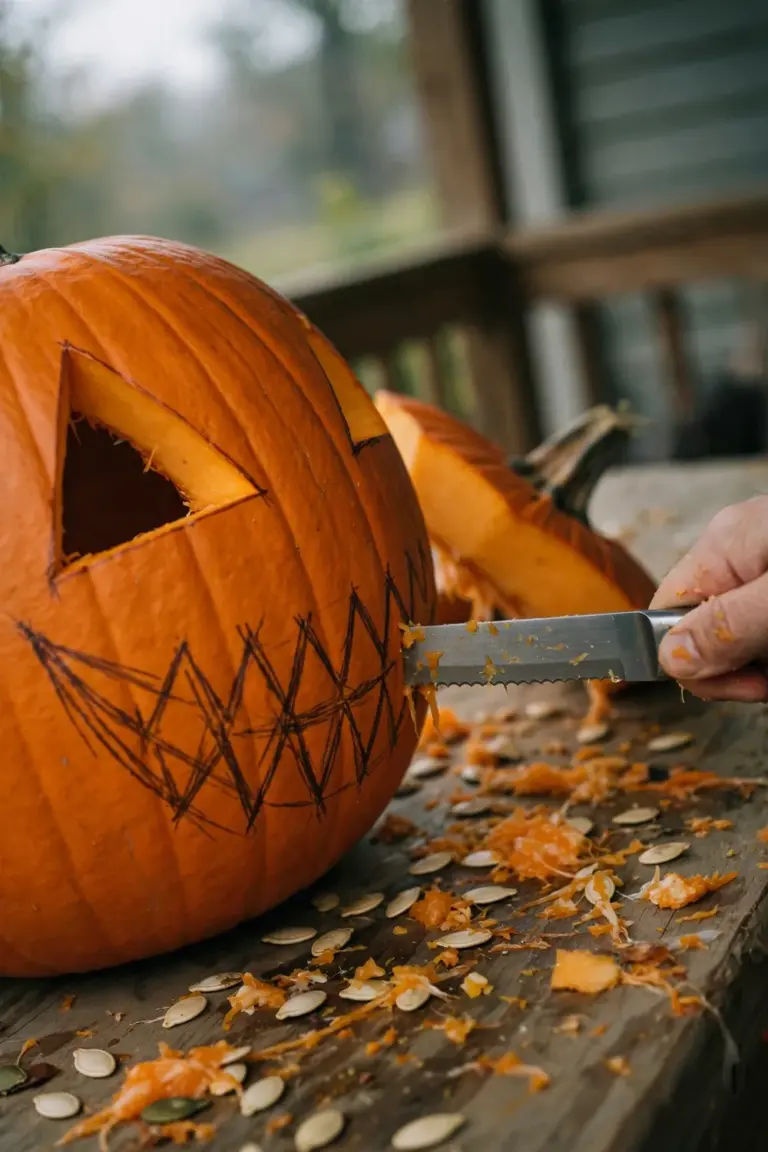 One hand carving a jack-o'-lantern face with a serrated kitchen knife on a porch table