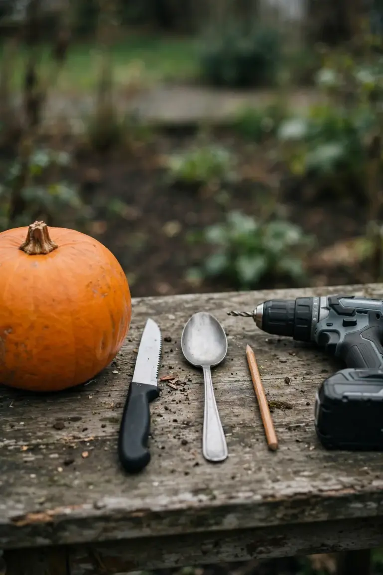 Uncarved pumpkin with a serrated knife, spoon, pencil and drill arranged on a garden table