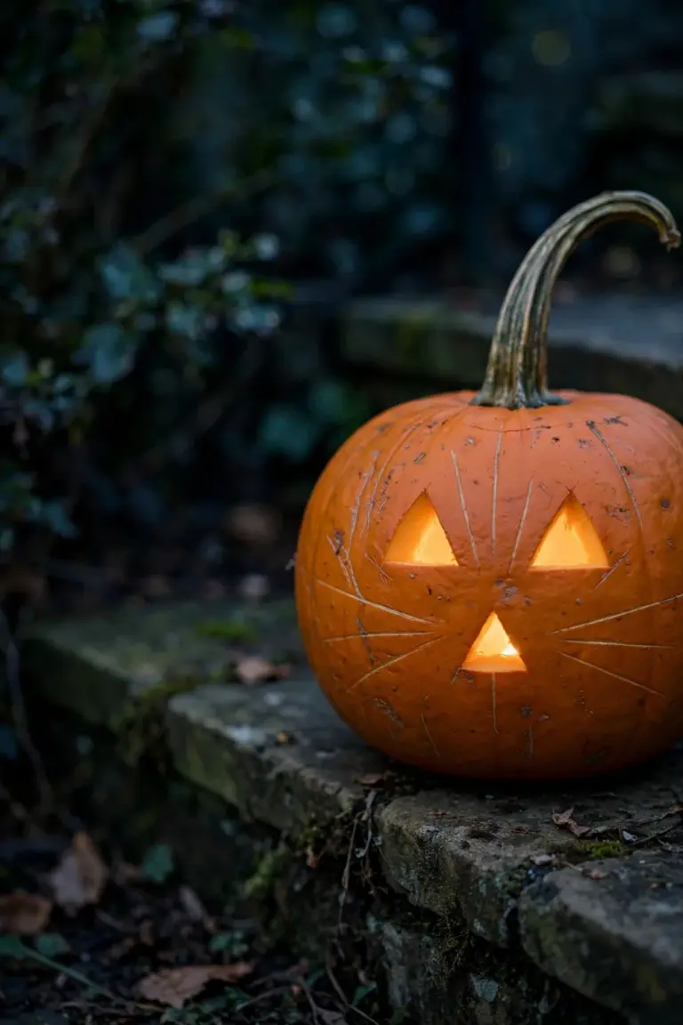 Carved cat face pumpkin with triangle eyes, a small triangle nose and six scored whisker lines glowing softly