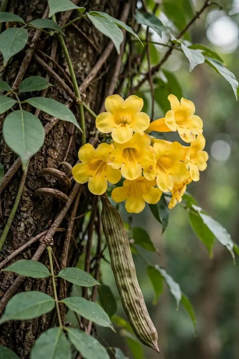 Cat's claw creeper with hooked tendrils and yellow trumpet flowers