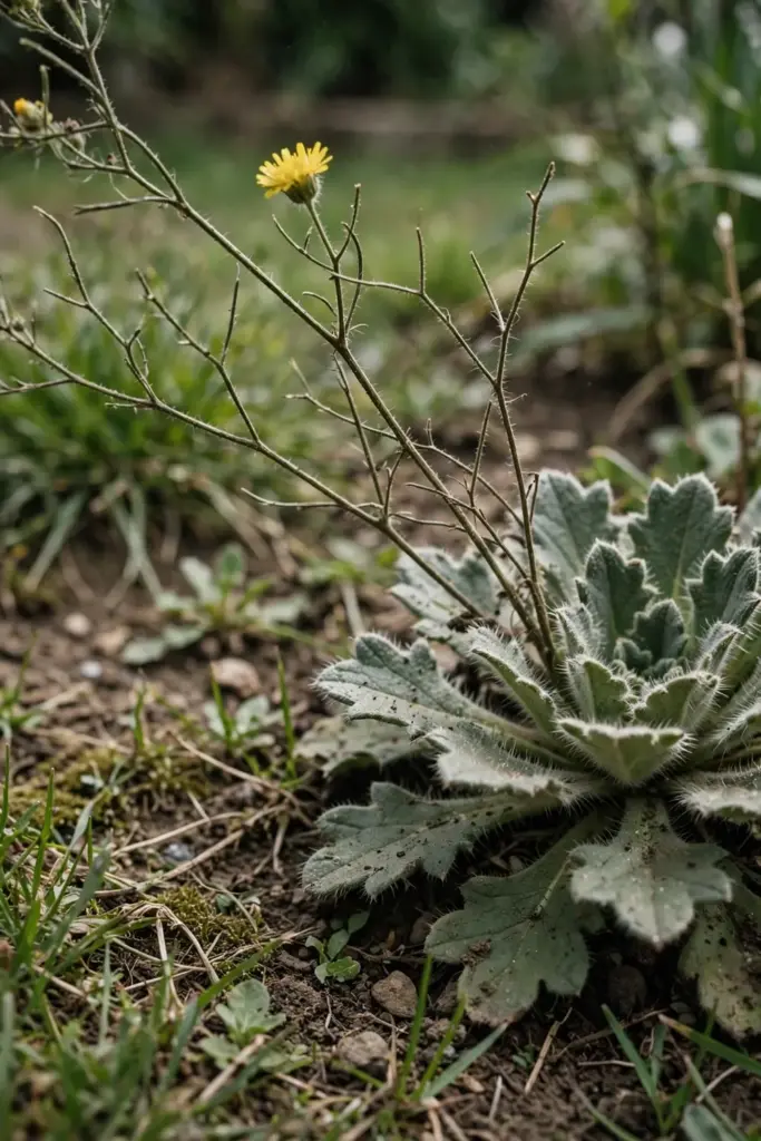 Cat's ear rosette with hairy leaves and yellow flowers on wiry branched stems