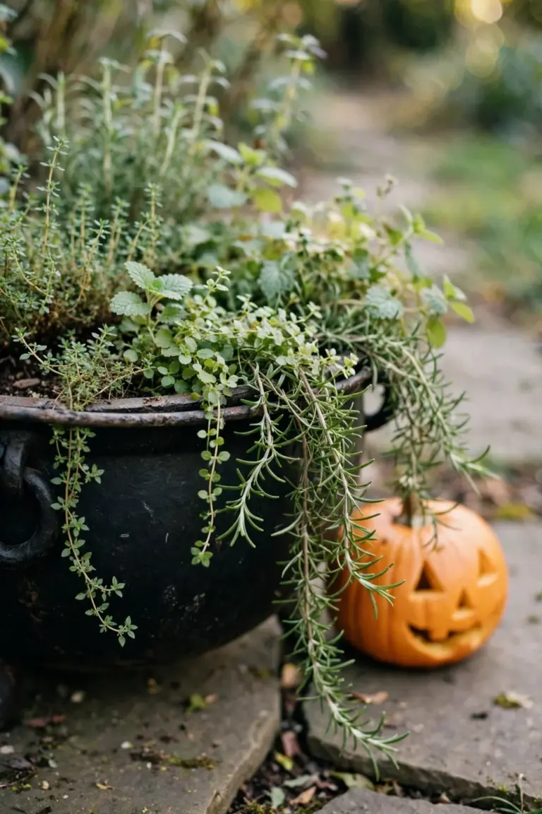Black cauldron planter with creeping thyme and trailing herbs spilling over the rim
