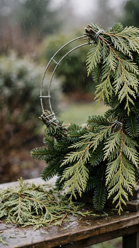 Flat cedar sprays layered over fir bundles with drooping tips on a wreath ring