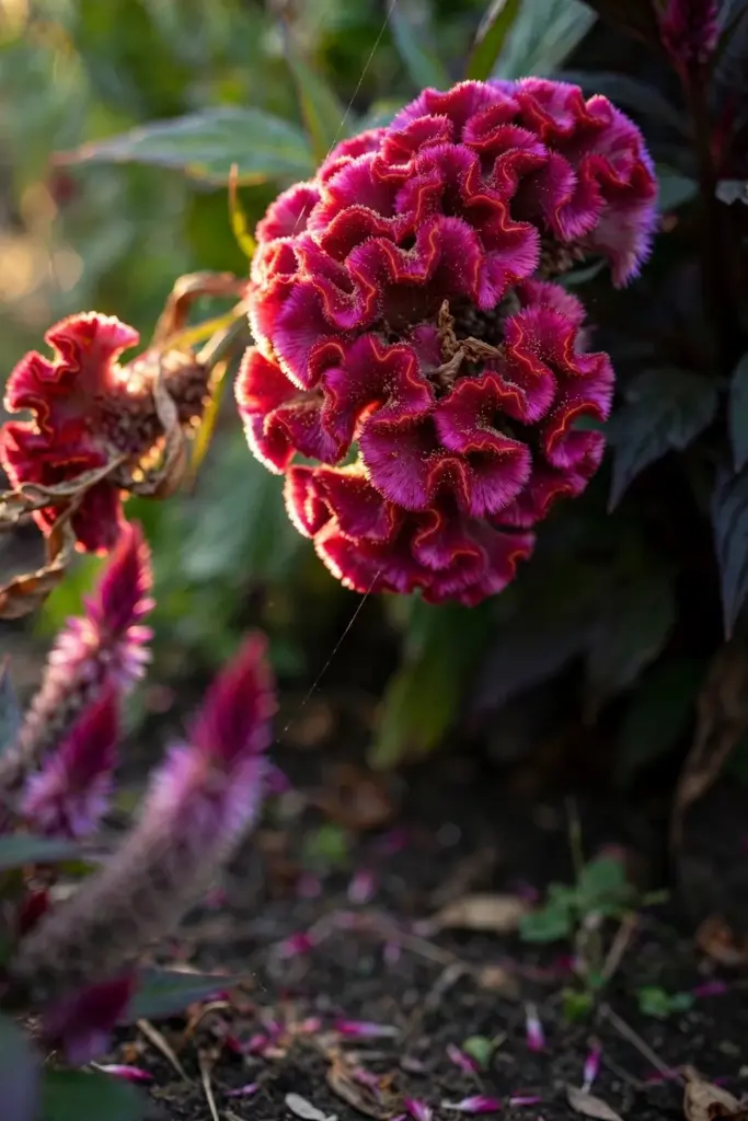 Magenta crested celosia heads with convoluted ridges against green foliage