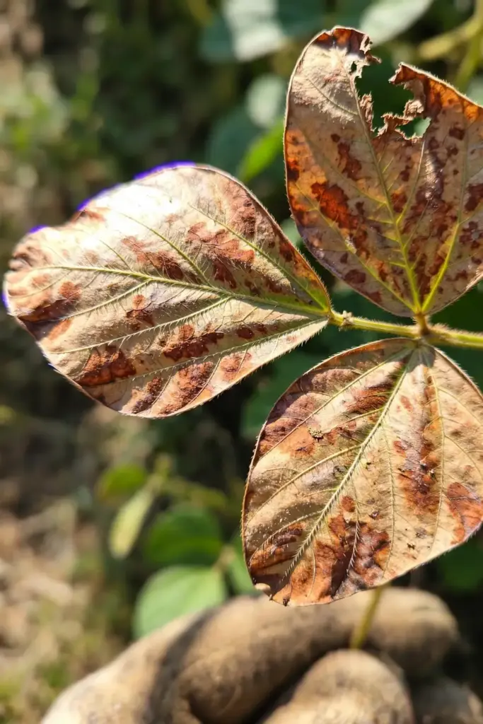 Bronzed soybean leaf with Cercospora leaf blight blotches held in a mitt