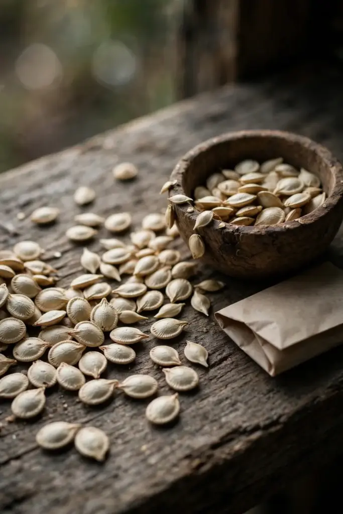 Cucurbit seeds spilling from a small wooden bowl on a timber table.