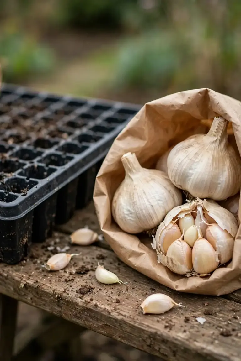 Certified seed garlic bulbs in a paper bag beside a nursery tray