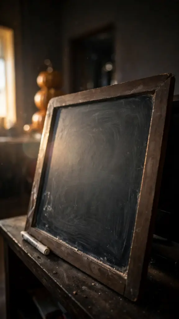 Small chalkboard with wiped chalk surface propped on a console