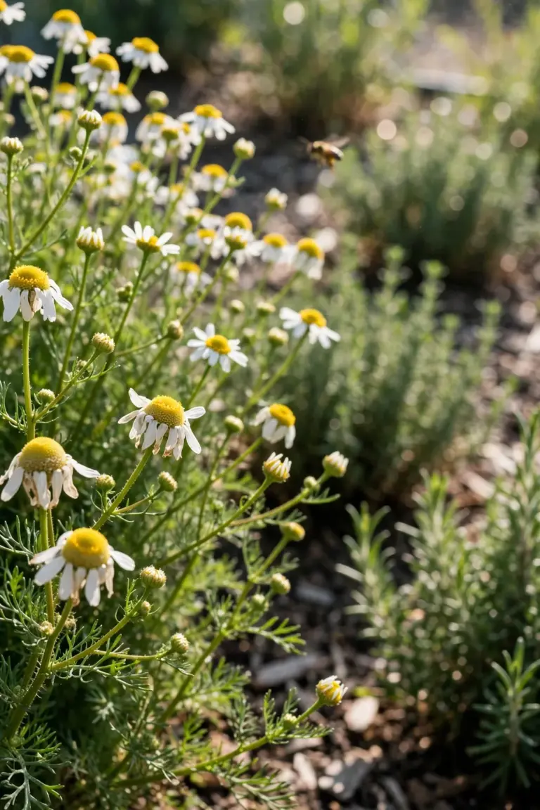 Chamomile flowers with white petals and yellow centers edging a herb bed, close up