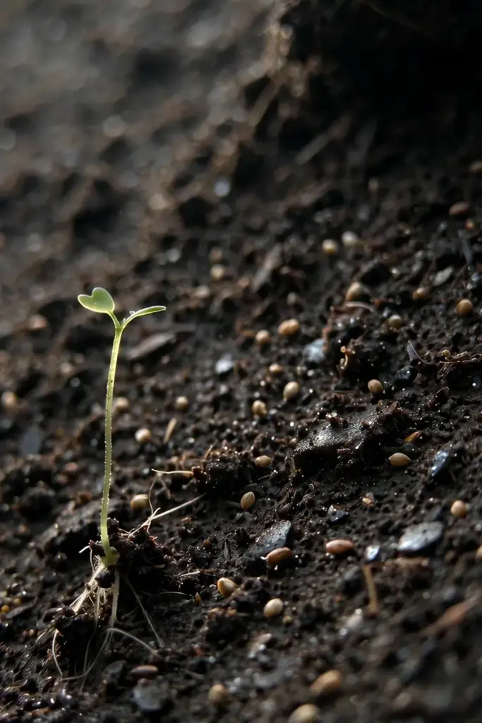 Chamomile seeds on the soil surface with a hair-thin sprout