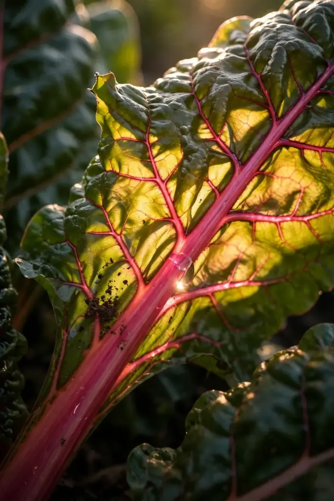 Rainbow chard leaf with magenta veins backlit on the plant