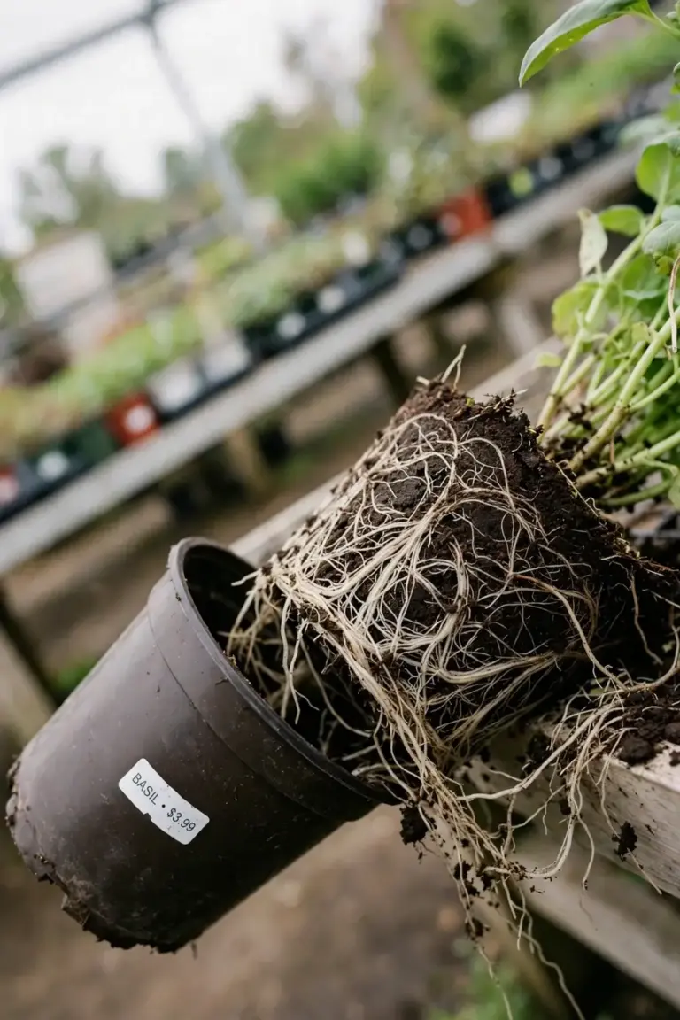 Nursery plant tipped from its pot showing healthy roots