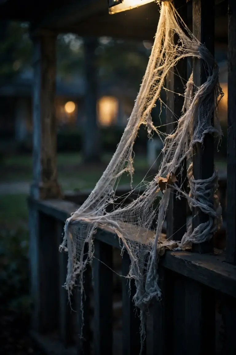 Torn cheesecloth stretched into cobwebs across a porch railing, glowing under the porch light