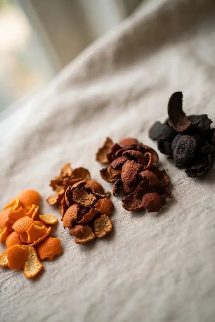 Four small piles of peel showing aging colors from bright orange to near-black