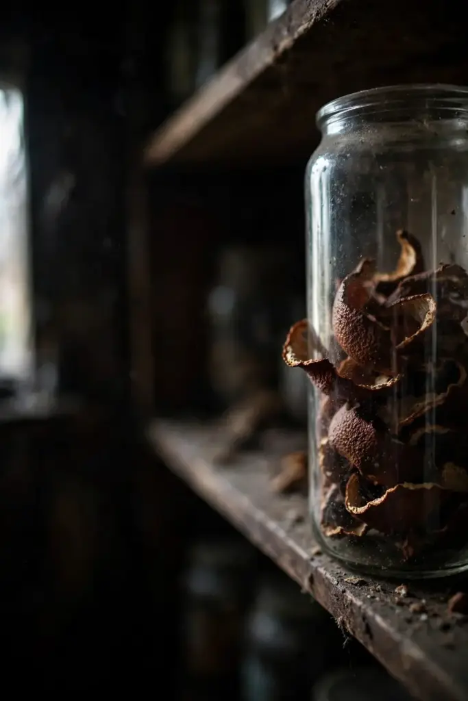 Glass jar filled with dark reddish-brown aged tangerine peel on a cupboard shelf