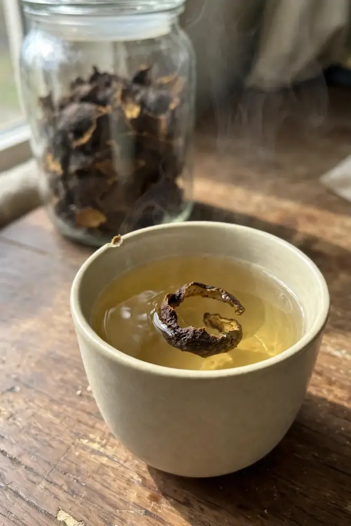 A cup of pale gold chen pi tea with a dark aged peel strip steeping