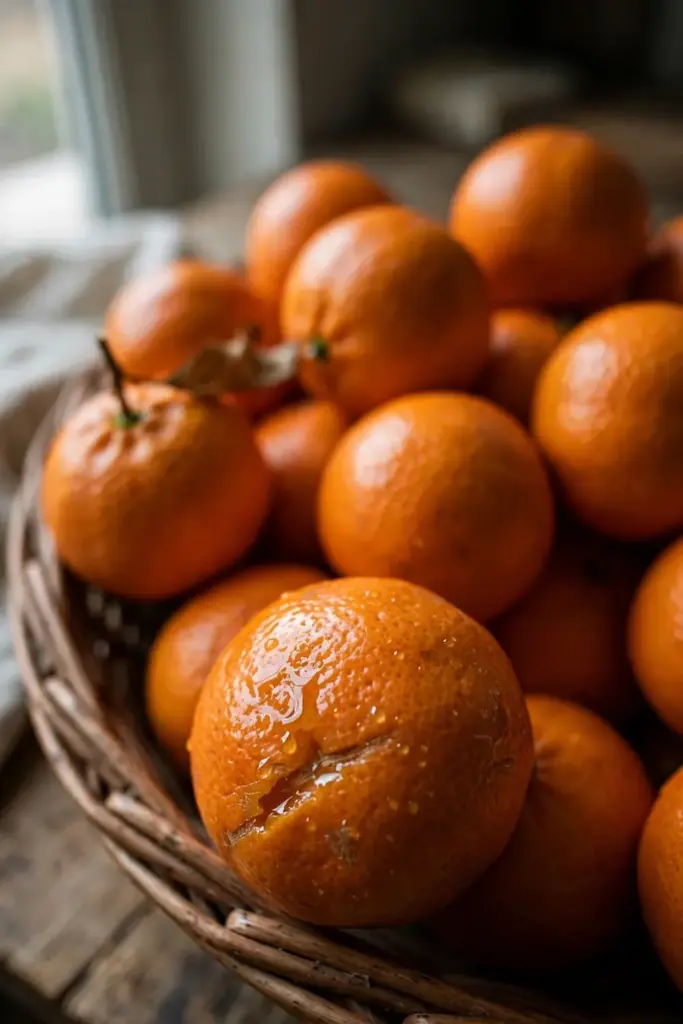 Fresh loose-skinned tangerines piled in a market basket, one scratched to show oily peel