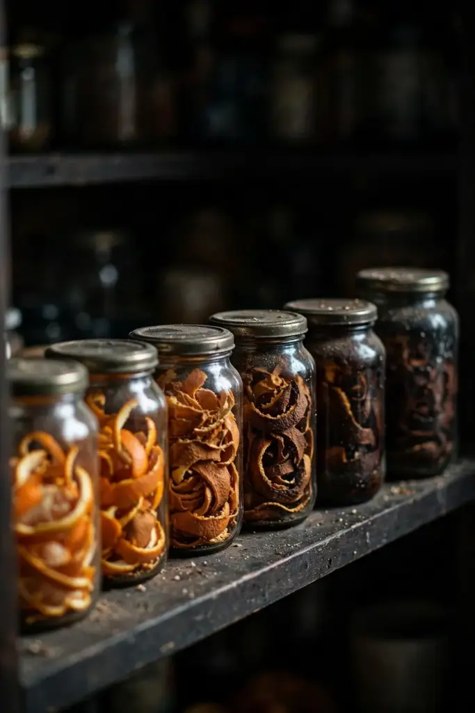 Row of glass jars with aging tangerine peel on a dark pantry shelf