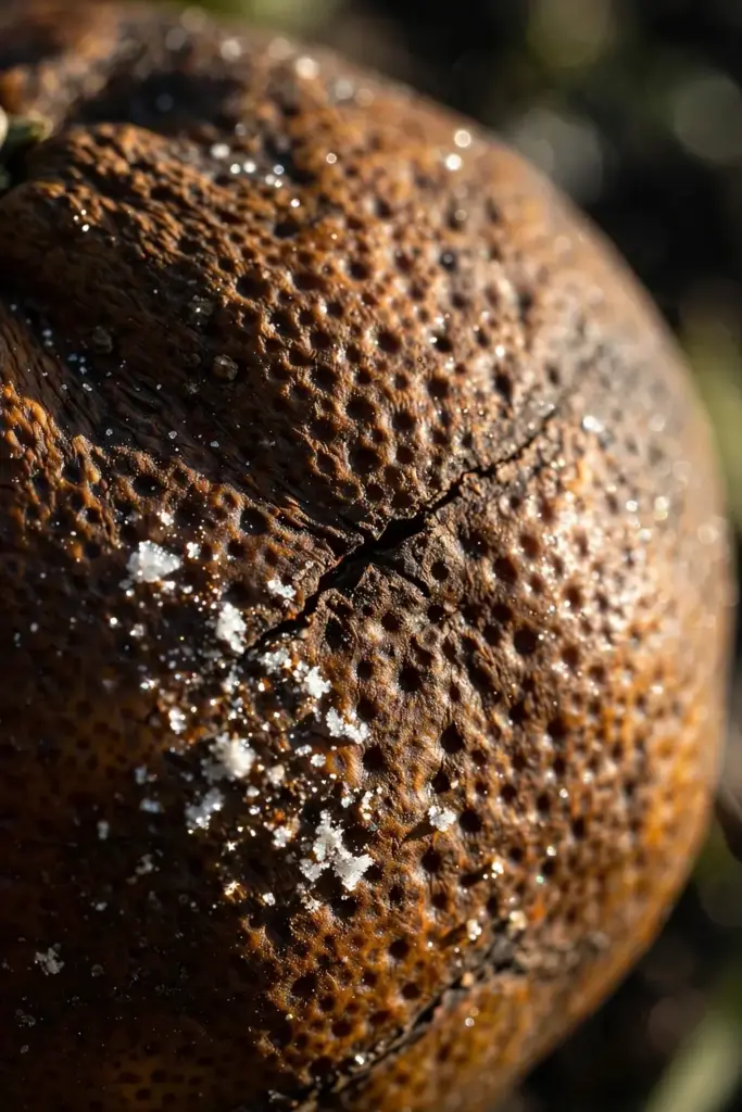 Macro of aged peel showing white crystalline citrus-oil specks on dark rind