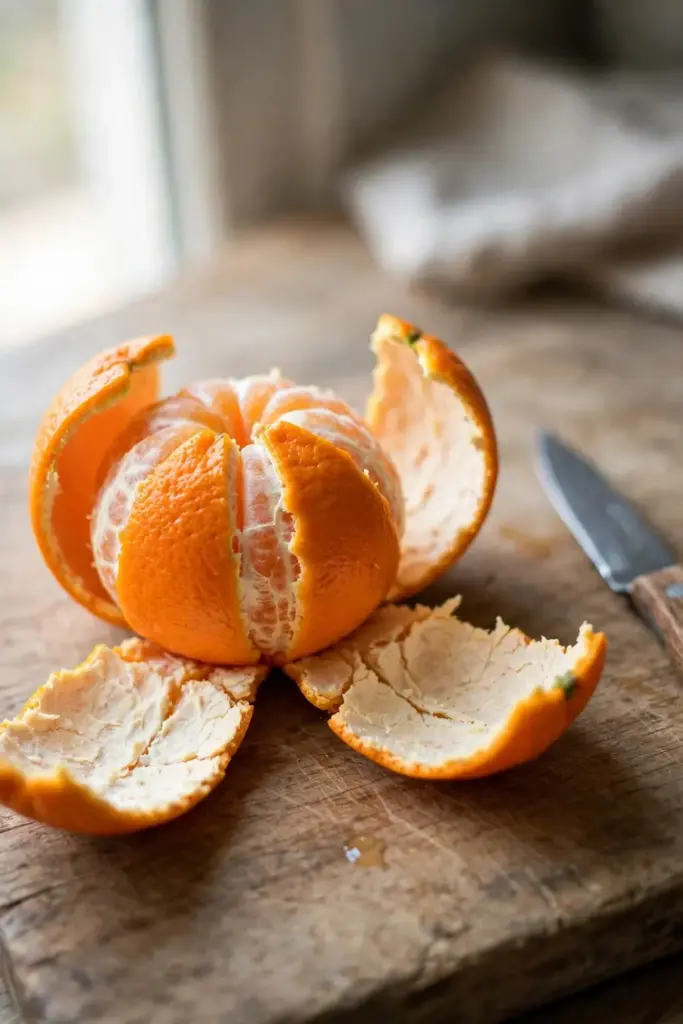 Tangerine with scored peel pulled back in three connected lobes on a wooden cutting board