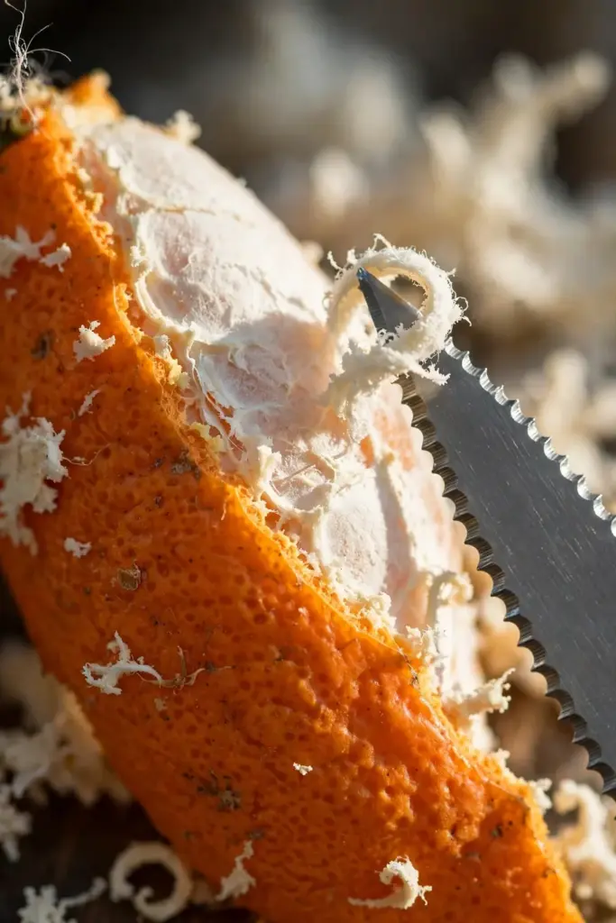 Macro of tangerine peel piece with white pith being scraped away by a serrated knife